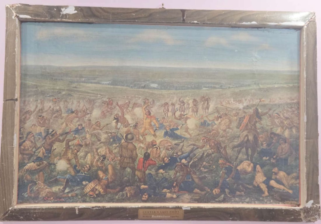 Custer's Last Fight antique beer advertisement print: original antique heavy card stock chromo lithograph print with actual "frame" also made from paper, titled "Custer's Last Fight" Presented by Anheuser-Busch Inc. St. Lou