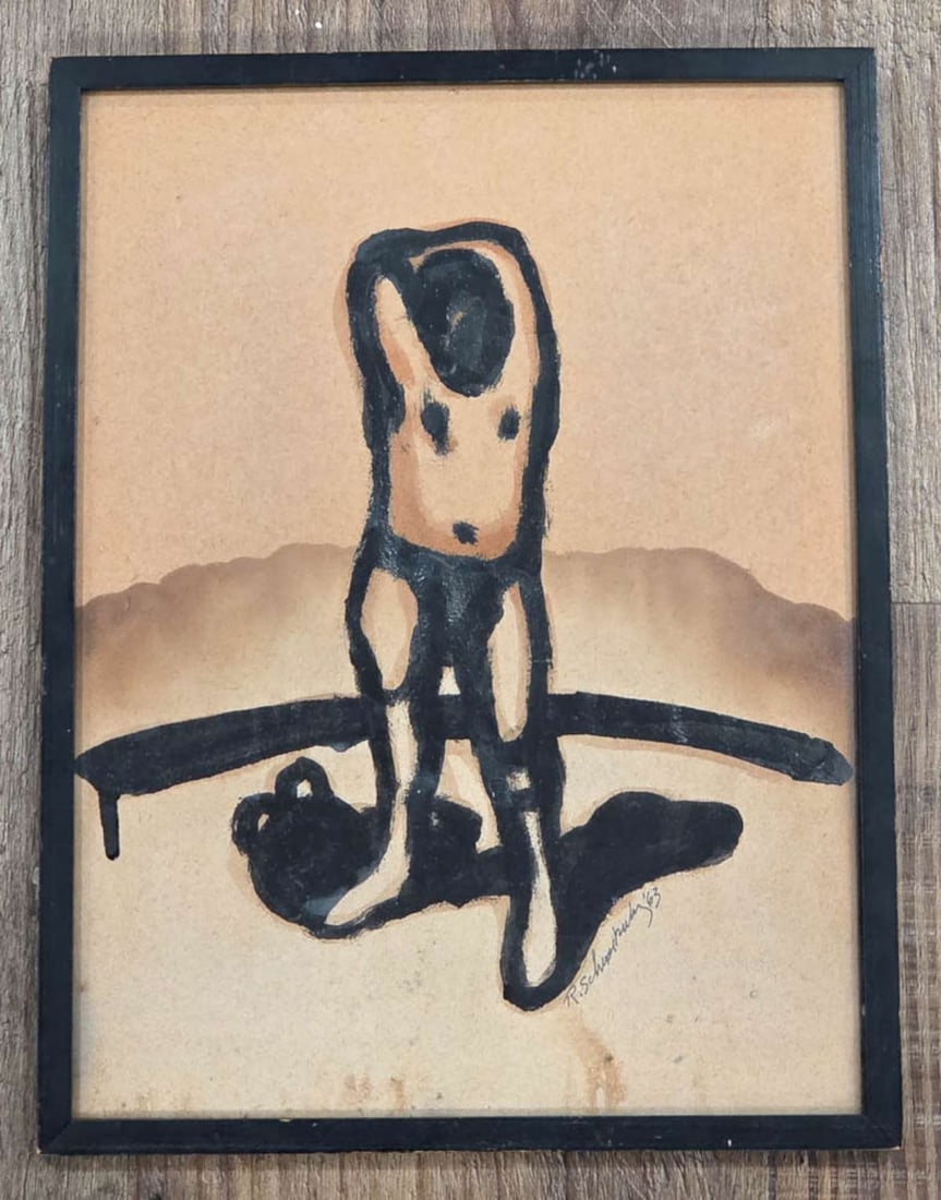 unusual MCM figurative Expressionism painting: small size black wooden frame with Mid Century Modern dated 1963 painting on paper, signed illegibly lower right (appears to be R. Schuurmuly?) and depicting a male figure with deep shadows with