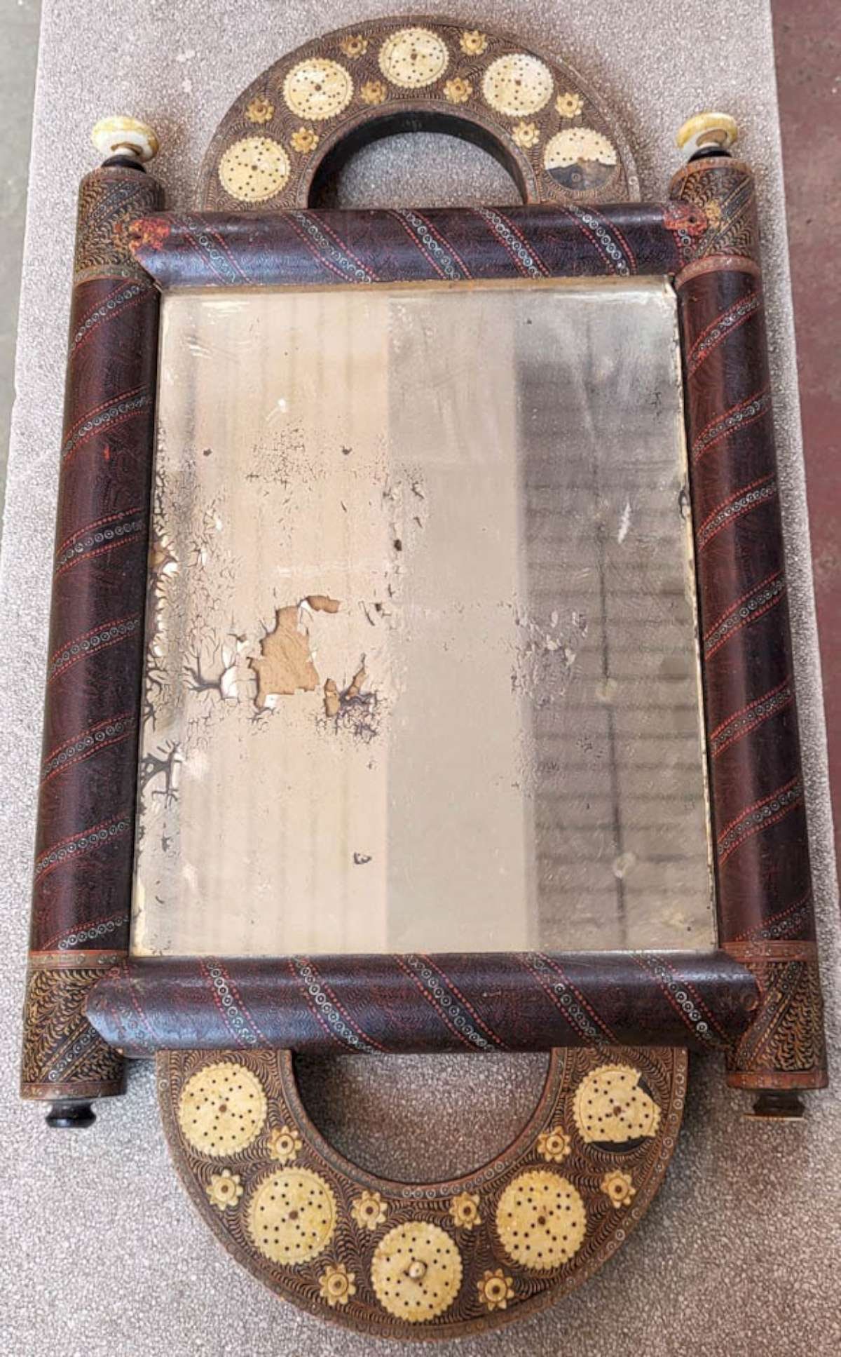 antique wooden barber Turkish mirror: antique Middle Eastern or African hand held mirror, wooden (heavy!) and with silvered glass and Sgraffito pattern design pattern on both sides and carved bone applied discs, this style of 