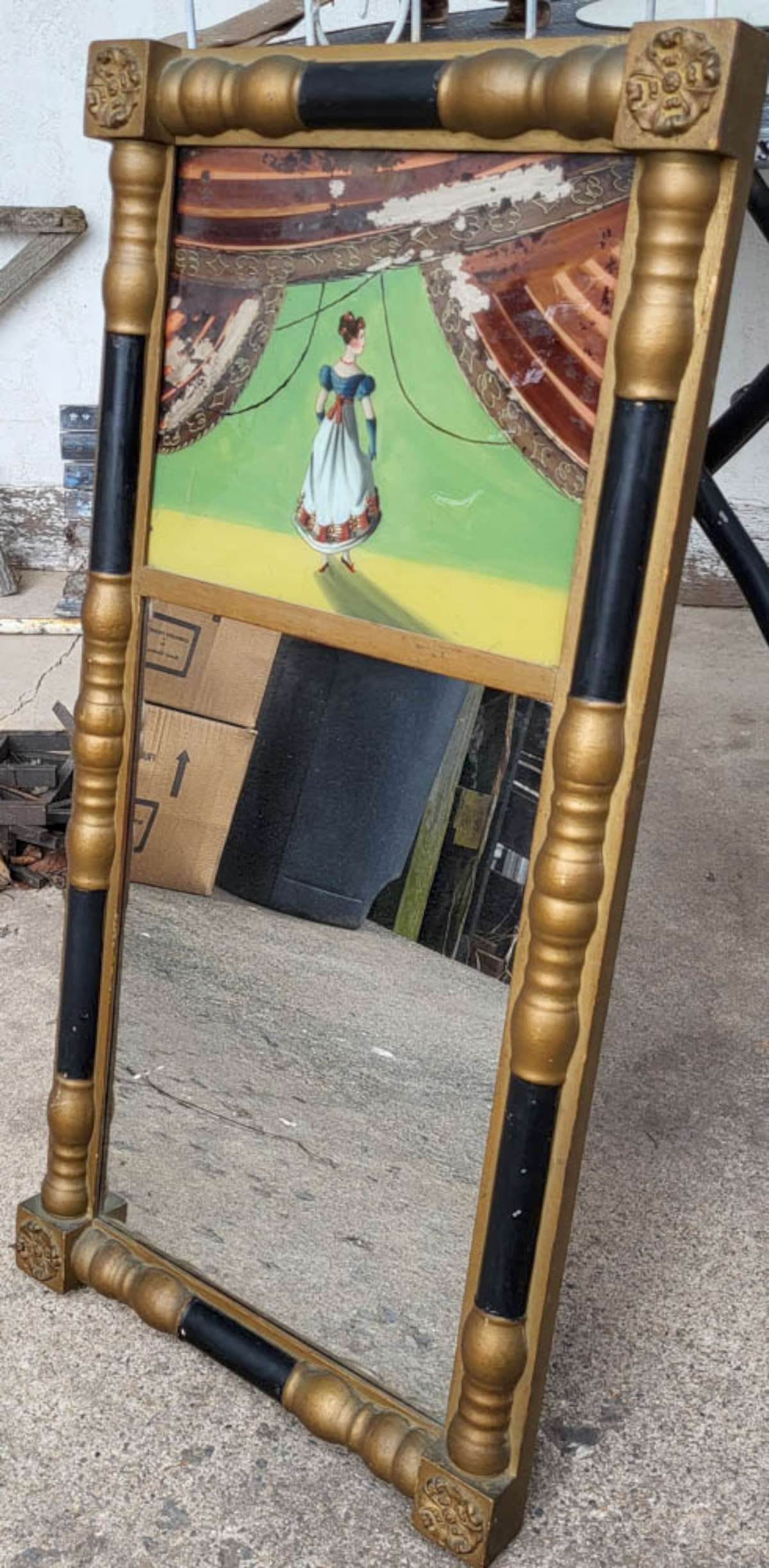 antique Federal split column wall mirror: antique ca. early to mid 1800's mirror with carved and applique frame and eglomise reverse painted scene of a lady on a stage......cotillion or theater or....... Info from online search: "Ve