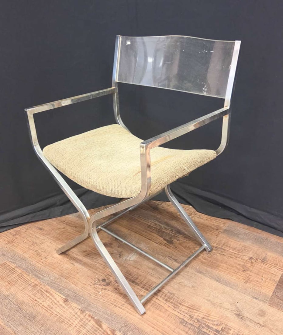 1 of 2 Lucite and chrome director chair attr Milo Baughman: first of a matching pair (see the next listing) of ca. 1970's late MCM or Mid Century Modern chrome bent x-base framed director's style chair with curved clear Lucite back rest and scooped u