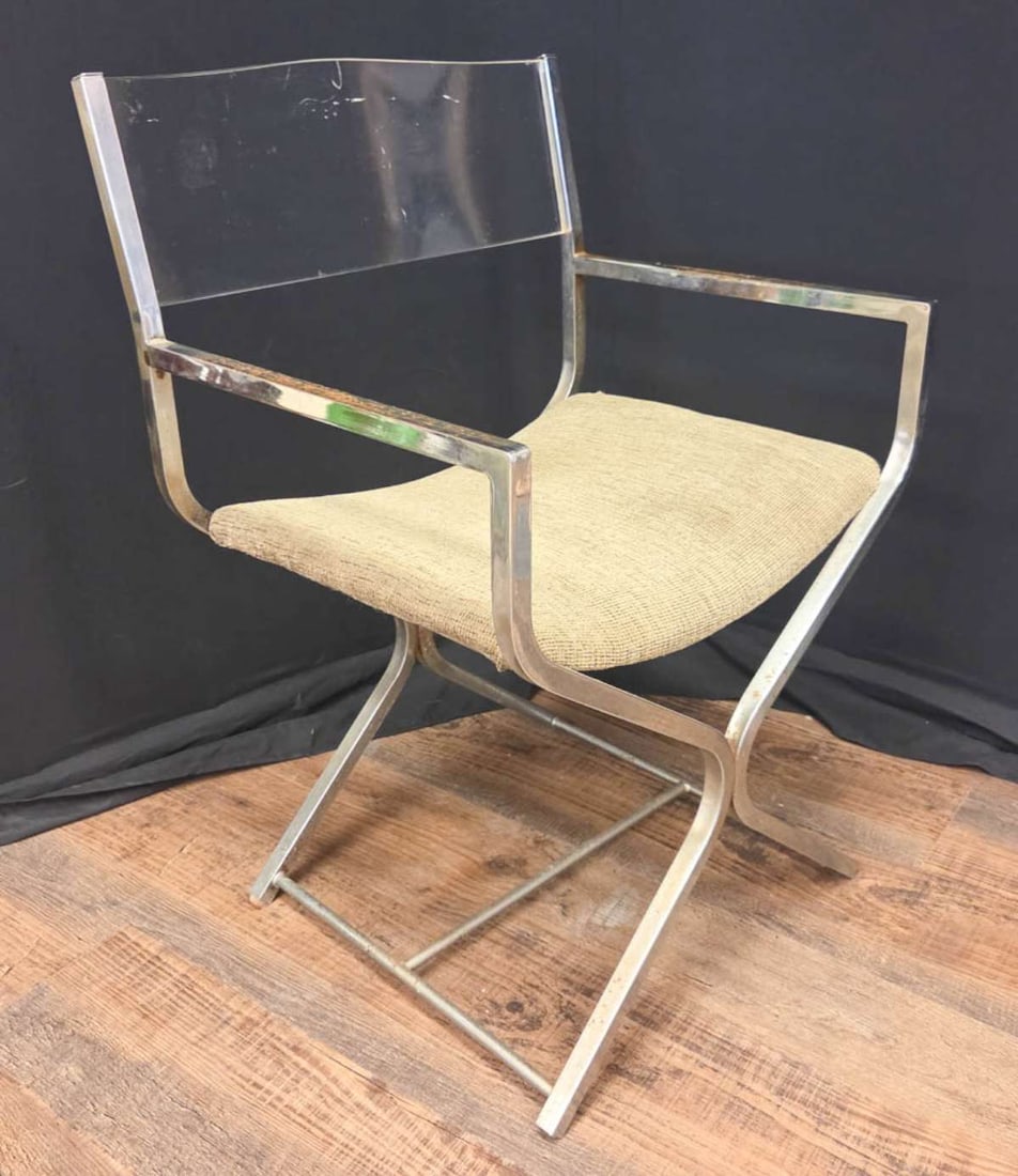 2 of 2 Lucite and chrome director chair att Milo Baughman: second of a matching pair (see the next listing) of ca. 1970's late MCM or Mid Century Modern chrome bent x-base framed director's style chair with curved clear Lucite back rest and scooped 
