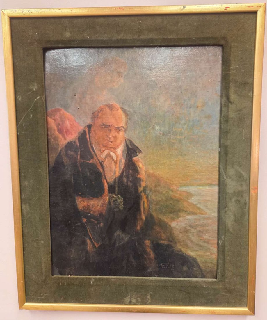 antique painting of a man at the ocean: antique gilt frame with green velvet matte and oil painting of a gentleman holding an umbrella and signed by the artist (or initials), he appears to be sitting at the edge of a sea or lake&comma