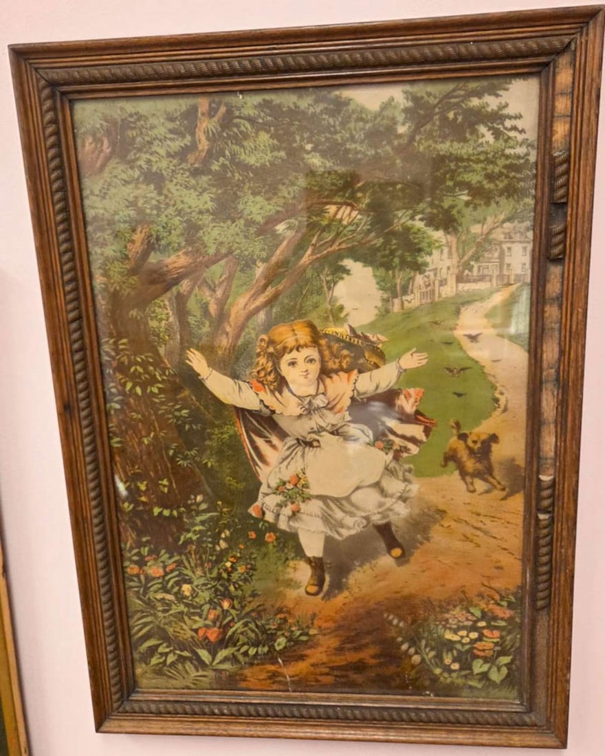antique Armstrong and Co chromo lithograph print: ca. late 1800's carved wooden frame with colorful antique print depicting a caped girl running in the woods with a small dog trailing her frame about 16" wide by 22 1/2" high
