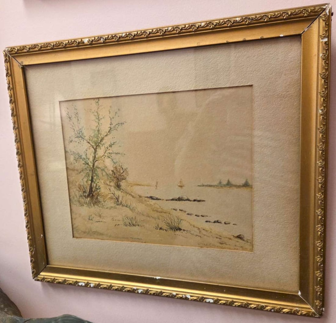 antique waterscape painting signed by the artist: gilt wooden frame with matted original watercolor painting, dated 1932 and signed Charles J. Hochberg and depicting a lake scene with trees and a sailboat or ship in the background frame about 1