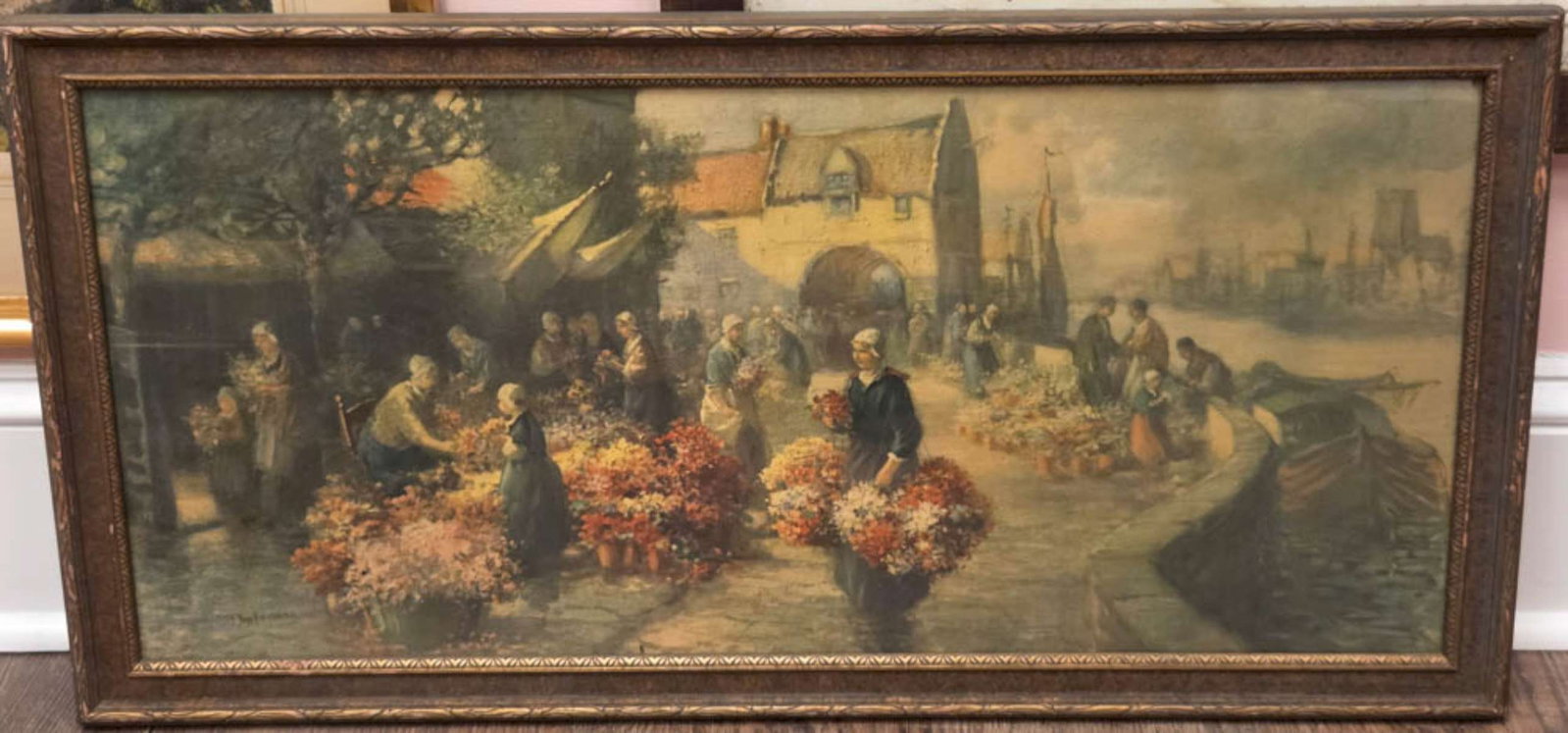 antique Dutch framed flower market print: large antique carved wooden gilt frame with chromo lithograph print by Francis William van Vreeland (Amsterdam, 1879-1954) from Holland or The Netherlands, depicting people bustling about 