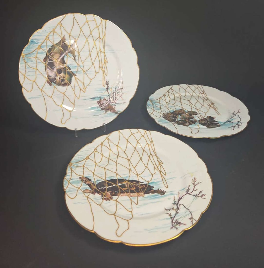 THREE antique fish plates Limoges (1 of 12)
