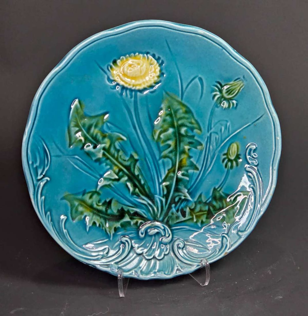 antique German floral Majolica plate: antique numbered as shown underneath G.S. Zell Baden antique pottery Majolica plate in blue with vibrantly colored yellow and green Dandelion flower and leaves design
