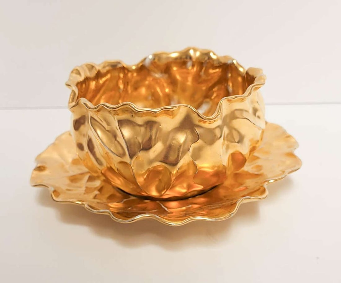 vintage gilt porcelain planter pot: vintage underplate and matching bowl, gilt finish porcelain marked Stouffer Studio and shaped like a cabbage or other vegetable or flower