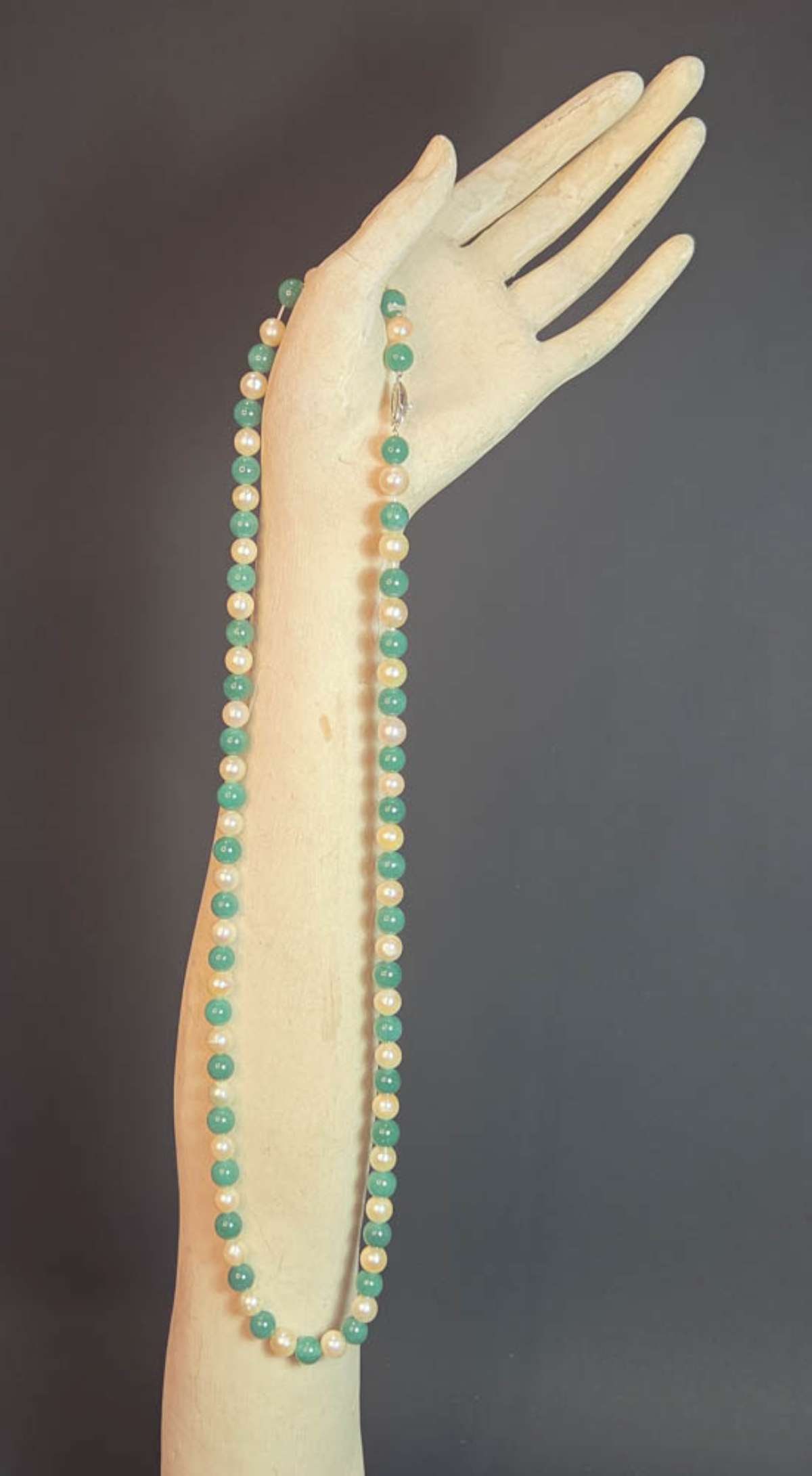 antique estate jewelry: Jade and pearl necklace: vintage or antique beautiful long necklace with marked silver closure, green Jade (or Nephrite or Jadeite) round beads, as well as real pearls aprox. 29" long
