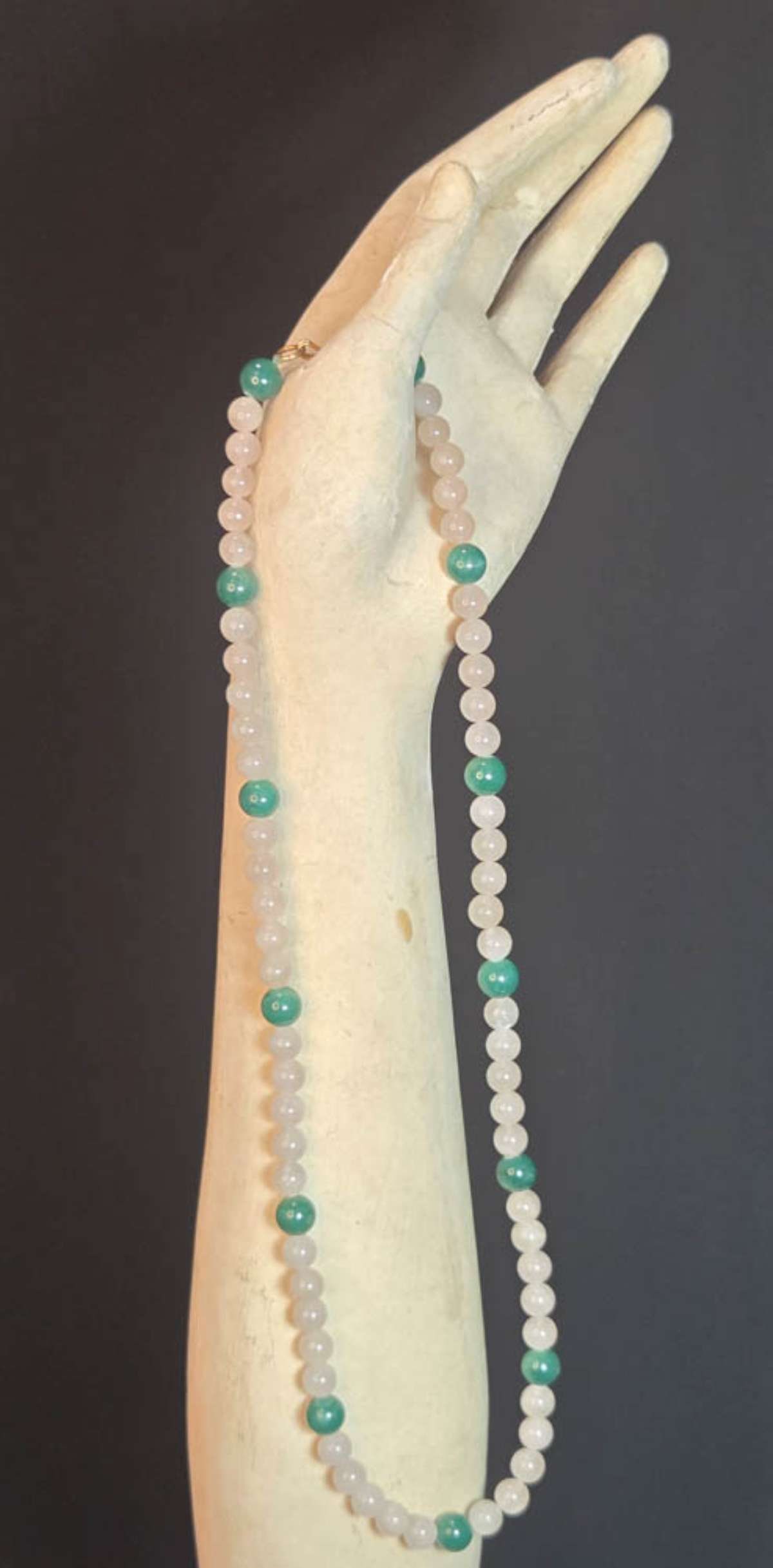 vintage estate jewelry: Asian necklace: beautiful vintage necklace with almost translucent white Quartz or Jade round beads with green Jade (or Nephrite or Jadeite) beads in between, simple claw hook closure aprox. 24" long