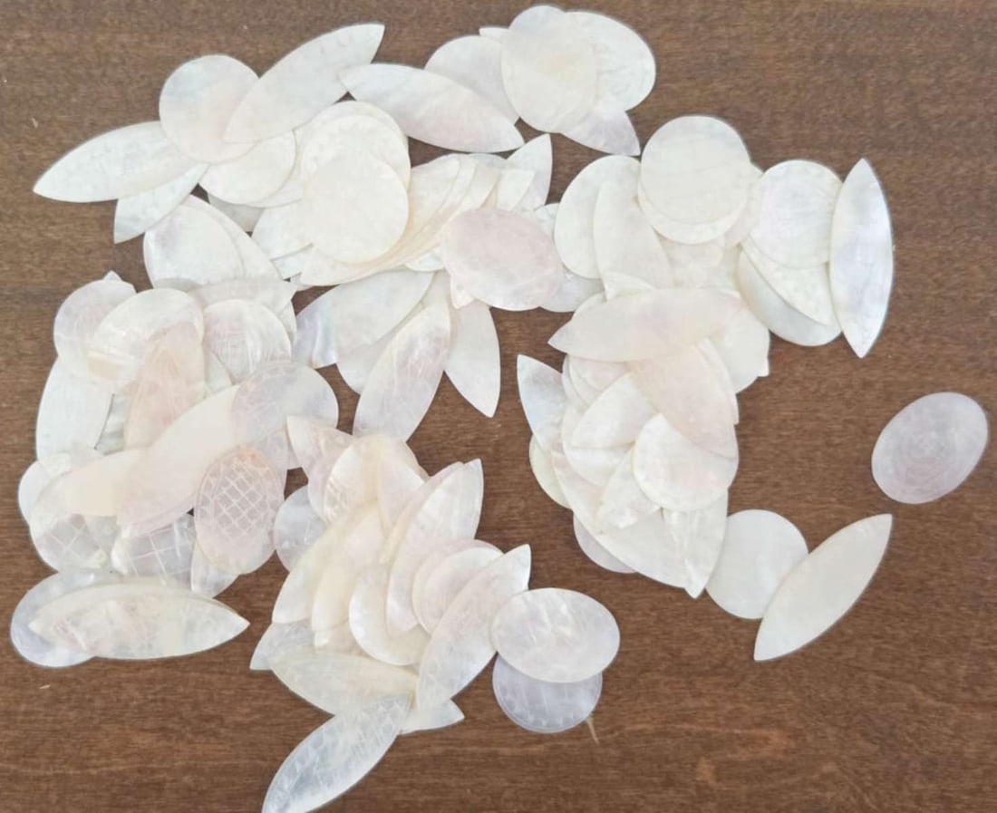 antique Chinese Capiz shell tokens: box lot of antique oval and almost diamond shaped Capiz shell (looks like MOP or Mother of Pearl) hand engraved tokens with geometric and ship's scenes