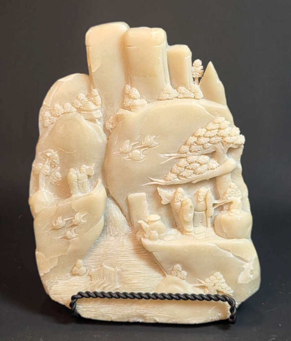 vintage Asian Jade carving floral pine tree: vintage or antique boulder Hetian Jade or possibly Chinese soapstone carved statue in a soft yellowish green tone and with a pine tree with flowers, houses, flying birds (Cranes?) and peop