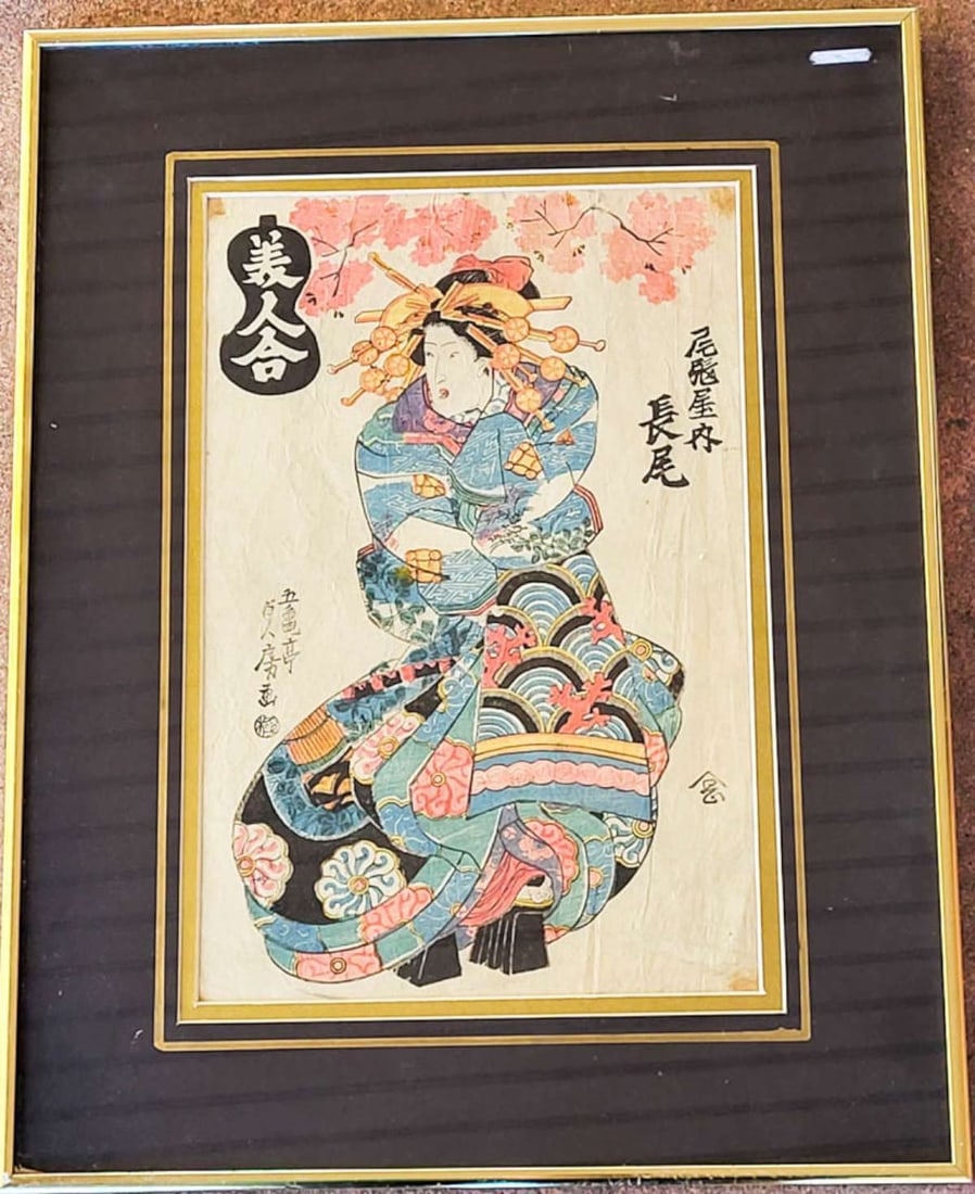 antique artist signed Japanese woodblock: antique 1800's framed Japanese woodblock print with a vibrantly colored scene depicting a Beauty or Geisha in a gorgeous kimono and a blossom tree (Dogwood or Lotus) in a triple matted gold toned