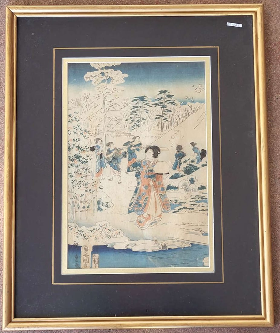 antique artist signed Japanese woodblock: antique 1800's framed and double matted Japanese woodblock print with a colored scene depicting a Beauty or Geisha in a gorgeous kimono walking with other people around and trees (Dogwood or Lotu