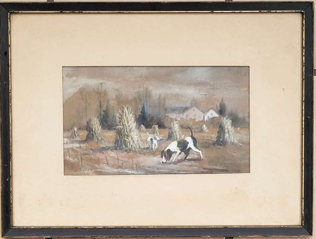 antique 1921 dog painting by Ira Deen: framed and matted antique watercolor and gouache painting of a farmland or field with farmhouse in the background and 2 (hunting?) dogs sniffing a scent in the foreground, signed as shown lower 