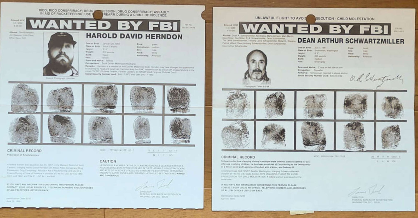 two original FBI wanted posters RAPE and RACKETEERING: This is a pair of original FBI wanted posters, both from 1998. The first is for Dean Arthur Schwartzmiller who was caught and sentenced in 2007 (see below). The second is for Harold David Herndo