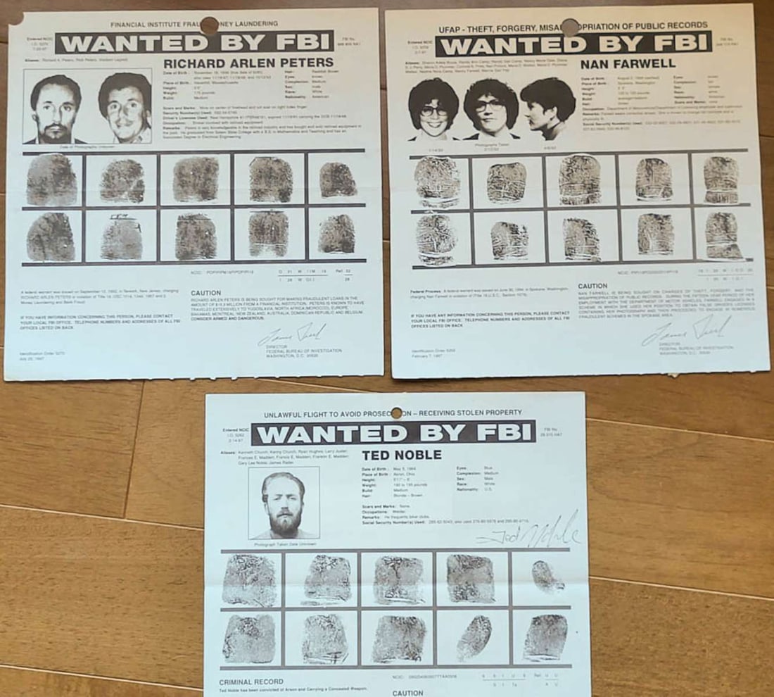 three original FBI wanted posters FINANCIAL CRIMES: This is a set or lot of three original FBI wanted posters, all from 1997. The first is for Nan Farwell for forgery. The second is for Richard Arlen Peters for fraud and money laundering. The thi