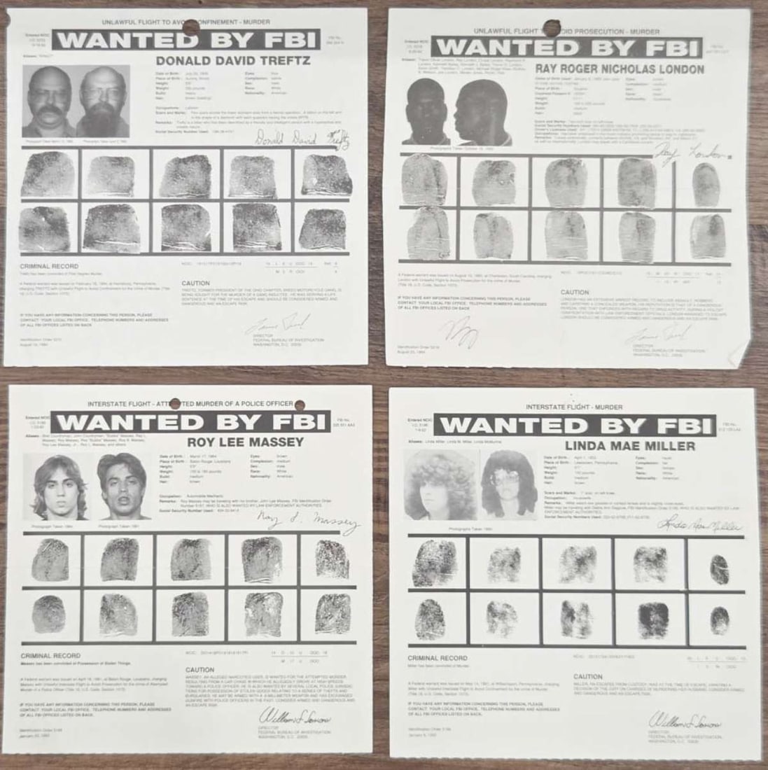 four original FBI wanted posters MURDER: This is a lot or set of four original FBI wanted posters. First is for Linda Mae Miller from 1992 who has fled from prosecution and who has since been convicted in absentia of murdering her husband. T