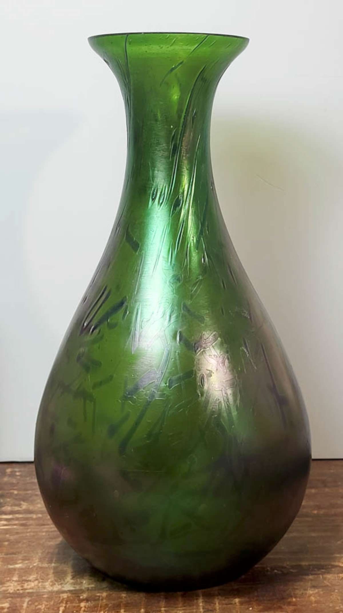 antique iridescent Art Glass vase: vintage or antique likely Bohemian (Kralik?) glass vase with purple, pink and green iridescent finish and beautiful bulbous shape about 10 5/8" tall overall