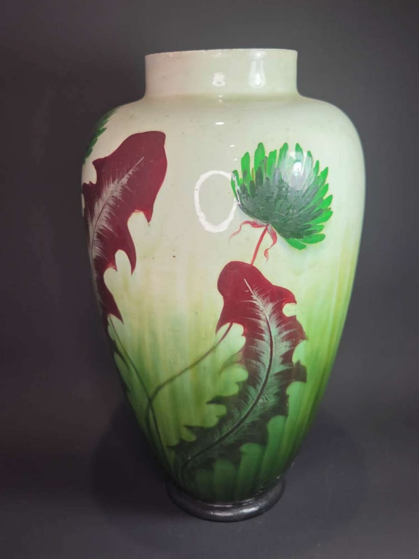 antique pottery Julius Dressler tall vase: very tall antique pottery Art Nouveau period bulbous shaped vase or vessel with pink inside and green and reddish brown floral or flower and leaf design (Dandelion?), marked JDB Austria 076 unde