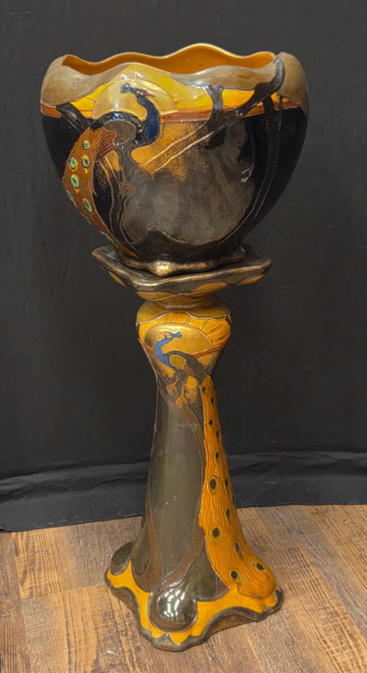 antique Thomas Forrester pottery jardiniere: antique Art Nouveau pottery jardiniere planter or plant pot and matching pedestal base with a beautiful dark green and brown background colors with blue, yellow and gold tones for the bird desig