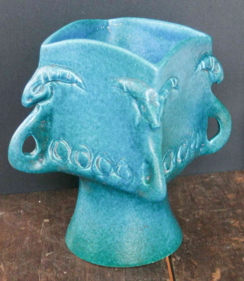 vintage Mid Century Modern pottery vase: retro tall and heavy MCM pottery footed vase with Ram (Gazelle, or other animal) design and unusually textured body and blue glaze, unmarked but looks like a design/maker's piece 10 1