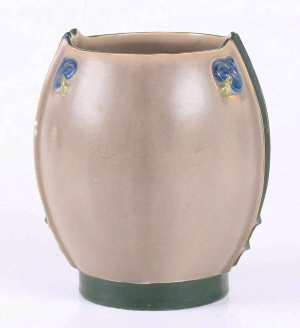 antique Art Deco pottery vase: late Art Deco or Mid Century Modern (MCM) pottery vessel with bookmark design and abstract blue floral or flower design with unusual ribbed side panels, marked on the bottom as shown 6 1/2"