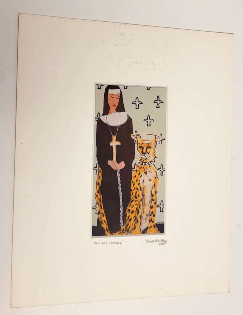 vintage print nun and animal print signed: titled Nun and Leopard and signed Yohan Ralph and dated 1990 lower right as shown, appears to be a glossy photograph of a painting of a nun with a large crucifix around her neck and a bog cat wi