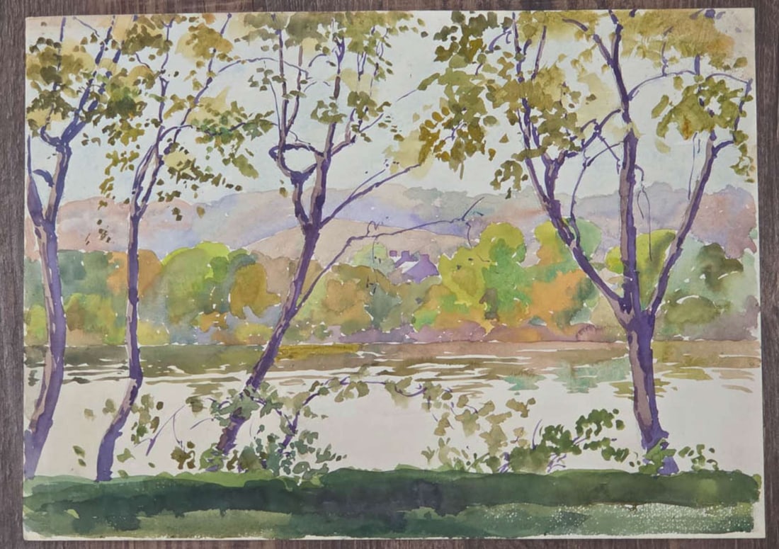 antique watercolor painting trees and lake: vintage or antique watercolor painting on paper in beautiful pastel tones depicting hills or mountains in the background with trees and a river or lake, unsigned but same style/paper as the esta