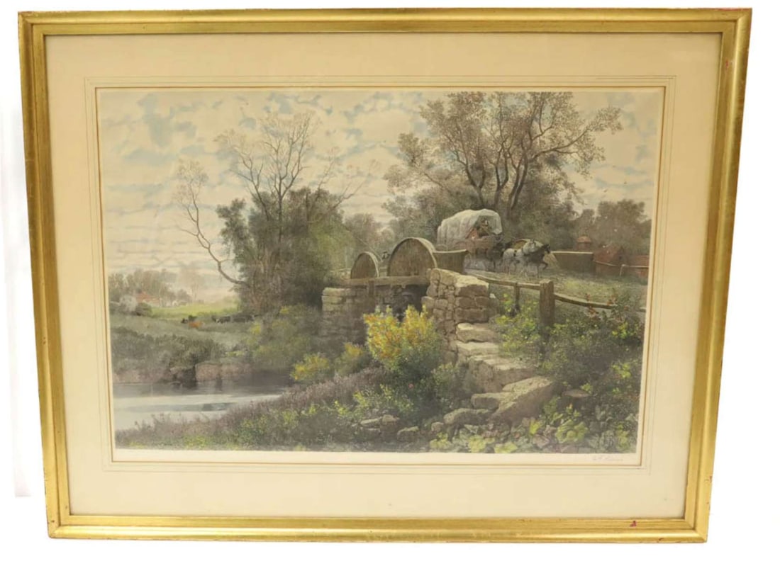 framed antique print of a covered wagon: gilt wooden framed and matted print by print maker James Duthie and pencil signed (and in the actual print as well) by A.F. Albert Fitch Bellows (New York, Massachusetts, Belgium, 18
