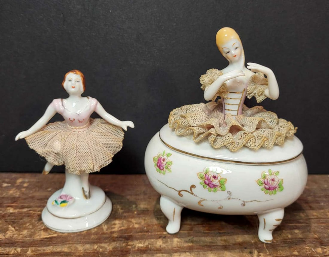 pair Dresden style porcelain figurines: set of two vintage ca. 1930's porcelain figural statues, one girl marked Made in Japan and shaped like a ballerina with a "lace" tutu and the other a young woman trinket or ring d