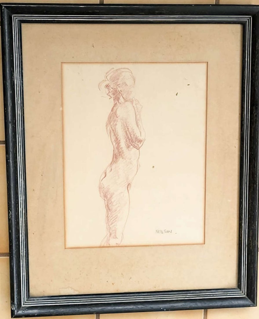 framed vintage original nude drawing: framed and matted original vintage gouache on paper nude woman study, signed Neilson as shown lower right, possibly for North Carolina artist Anne Neilson frame about 18" wide by 23&q
