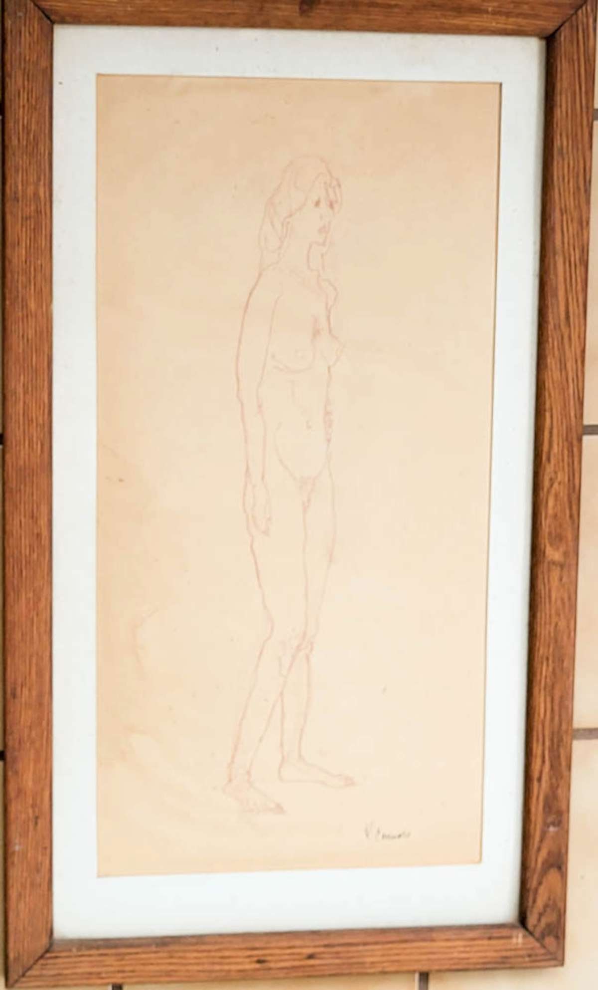 vintage framed nude portrait drawing: oak frame and matte with pencil drawing study of a nude woman, signed in pen lower right K. Connors or Connau (?) frame about 15" wide by 26" high