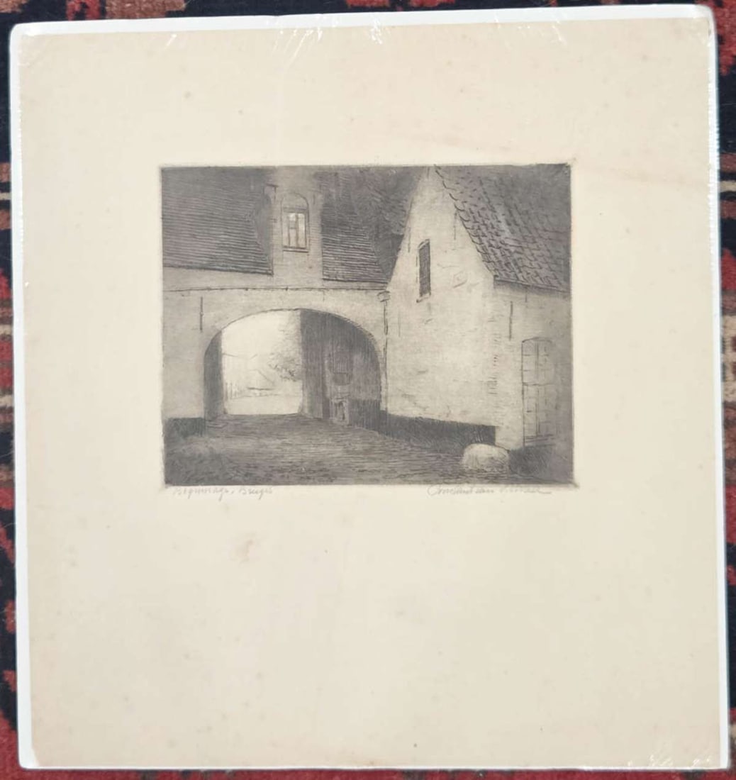 antique engraving cityscape by Dutch artist: Beguinage Gate Boterhuis or Butterhouse) building scene in Bruges, Belgium, engraving or etching plate pressed hard into the larger "matte", pencil titled left and signed b