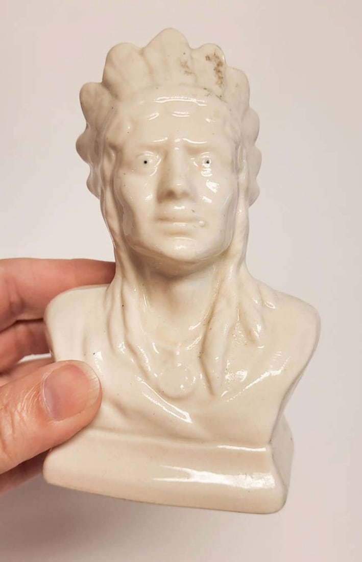 vintage Native American pottery statue: vintage white pottery or porcelain Indian chief or warrior bust, unmarked 4 3/4" tall overall