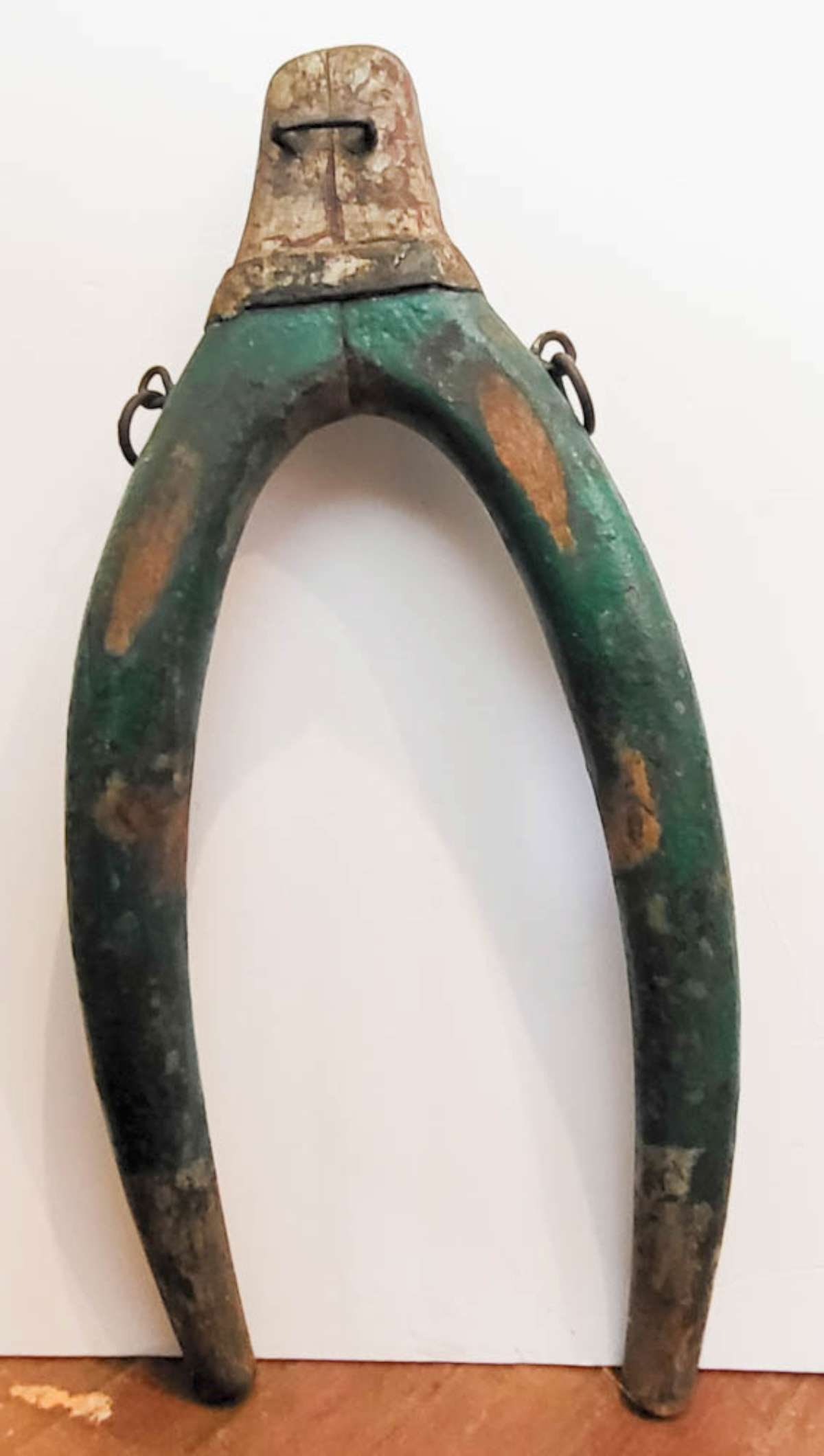 antique Primitive horse yoke: beautiful green painted antique curved wooden yoke with hand wrought metal rings total height about 24 3/16" high by 11 1/4" wide