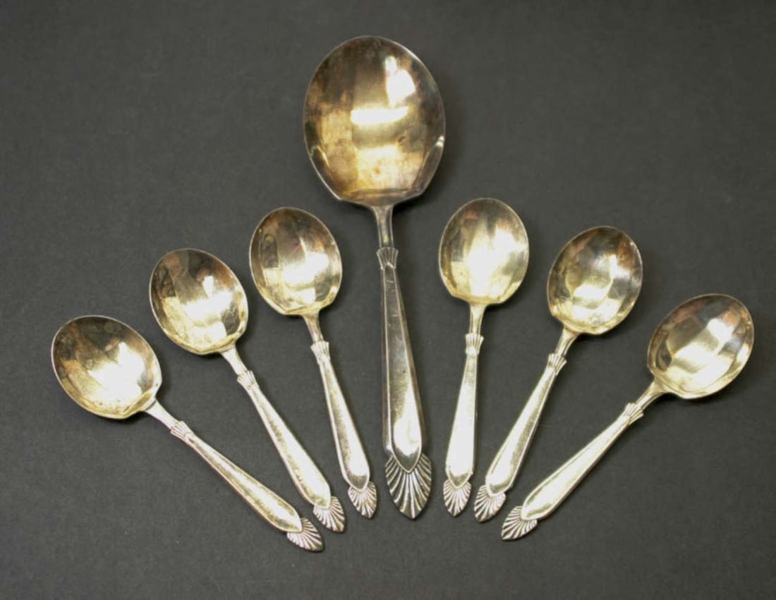 antique silver plated English fruit spoon set: antique set or lot of Continental or European dessert or fruit spoons, including a larger serving piece and 6 matching personal sized spoons, marked as shown Made in England Angora Silver 