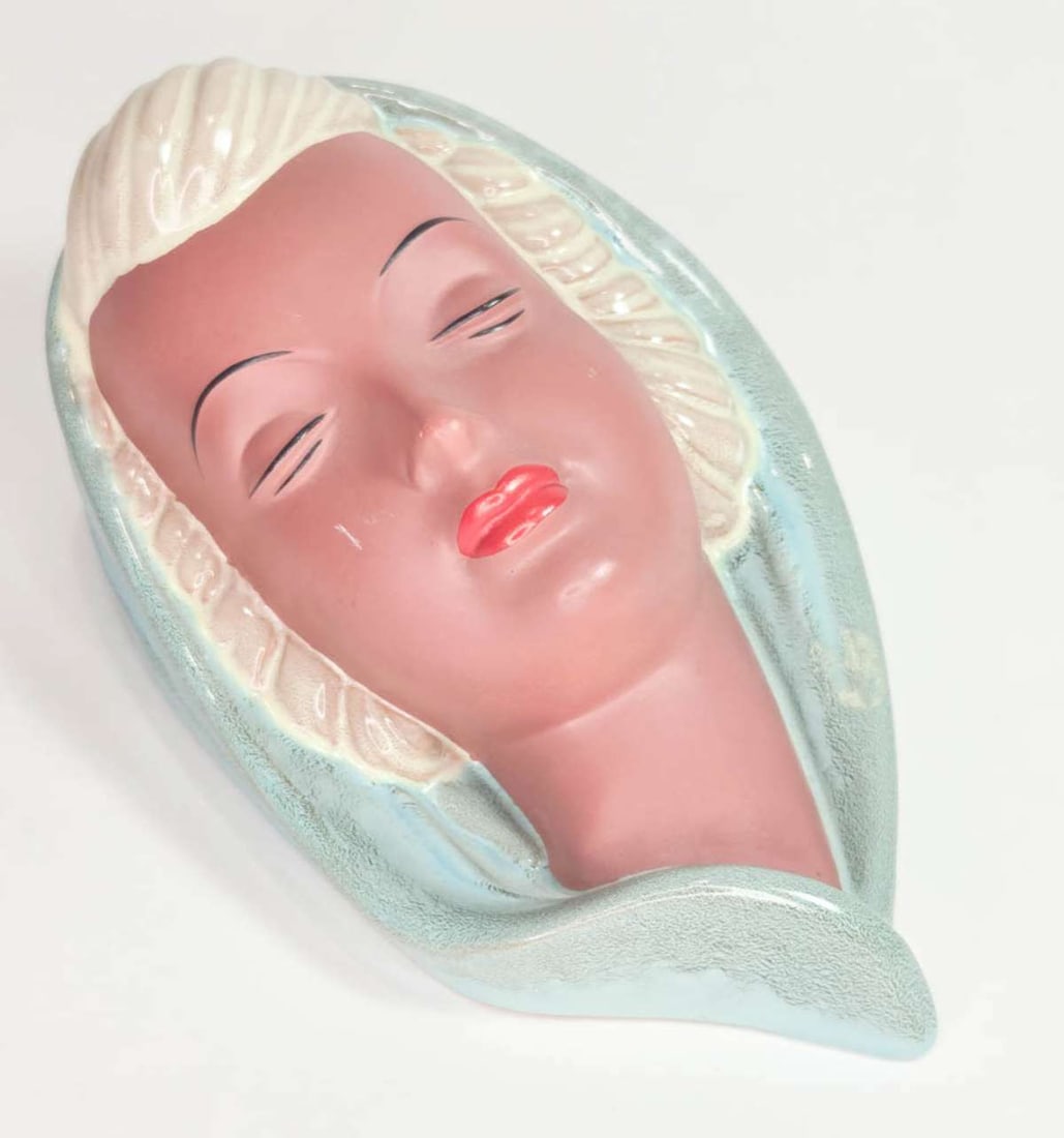 vintage Goldscheider wall hung female head: 3/4 woman's face portrait sculpture Madonna, designed originally by Adolf Prischl, with blonde hair and blueish scarf, partial label intact as shown and stamped on the back West