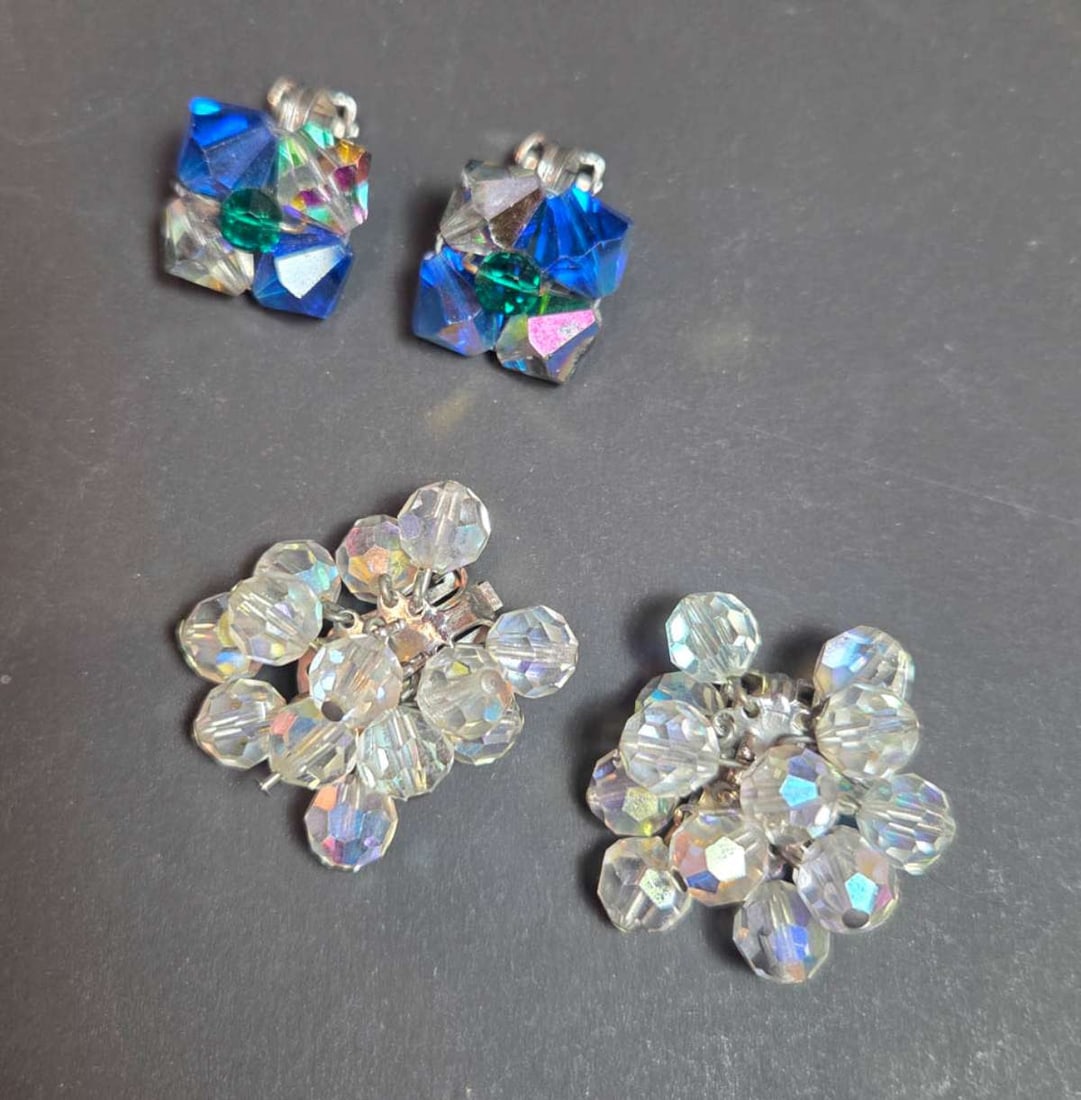 vintage estate jewelry: rhinestone earrings: antique rhinestone clip earrings, with dangly iridescent stones from the German Rhein River, great Victorian or Art Deco period diamante or paste jewelry, with a vintage pair of blue