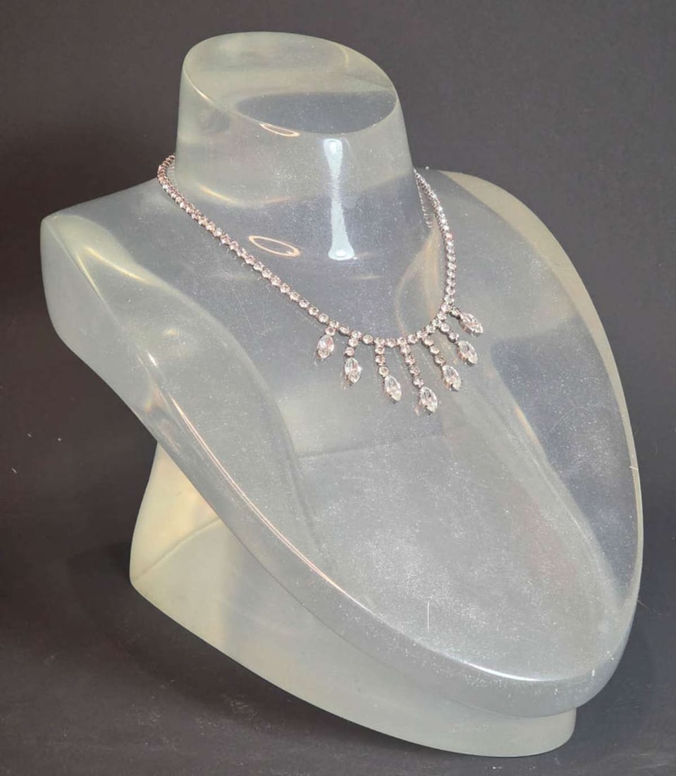 vintage estate jewelry: rhinestone necklace: vintage or antique necklace with bib style abstract leaf design and clear cut rhinestone, paste or diamante stones, great Art Deco or Victorian piece about 14 1/2" long