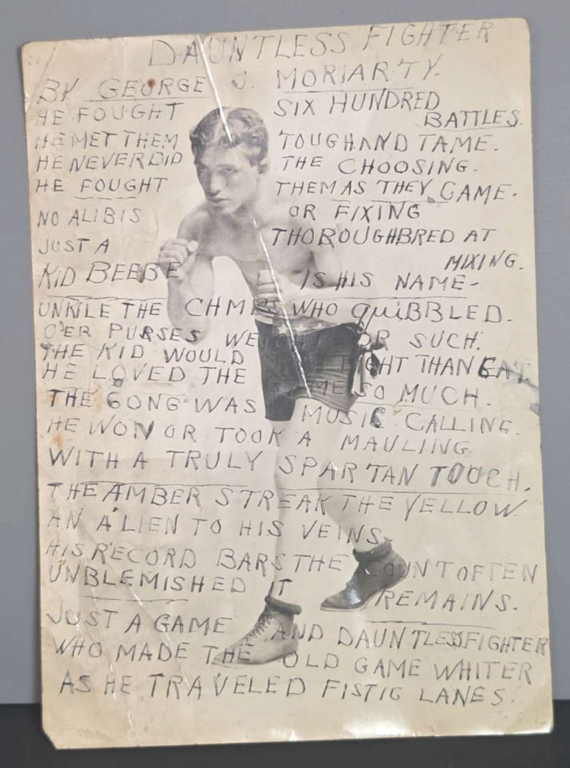 vintage publicity photograph pugilist: please see all pictures and judge for yourself, this is likely an image of Billy Conn and overlaid is a hand written story by George J. Moriarty almost 7" high by 5" wide Info from onl