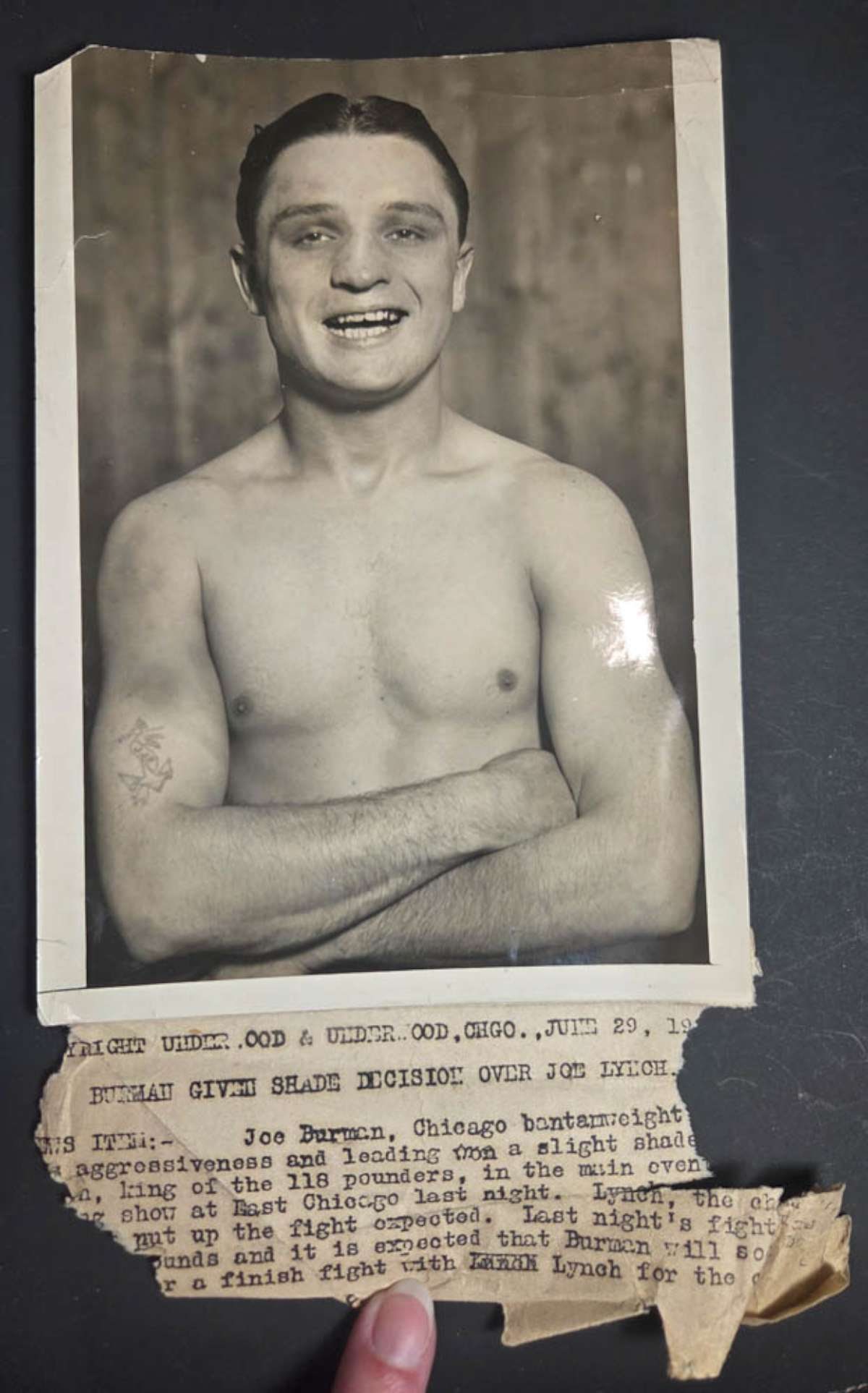 vintage publicity photograph pugilist: vintage white edge boxer photograph with typed paper underneath as shown, txt suggests this is Joe Burman, please see all photos and judge for yourself, reverse with copyright stamp 