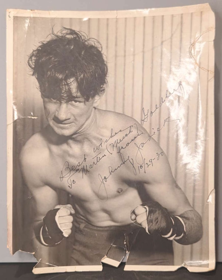 vintage publicity photograph pugilist: vintage white edge boxer photograph with ink hand written dedication Best Wishes To (illegible) From Johnny Jadick and dated 1930, please see all photos and judge for yourself about 10 1/8"