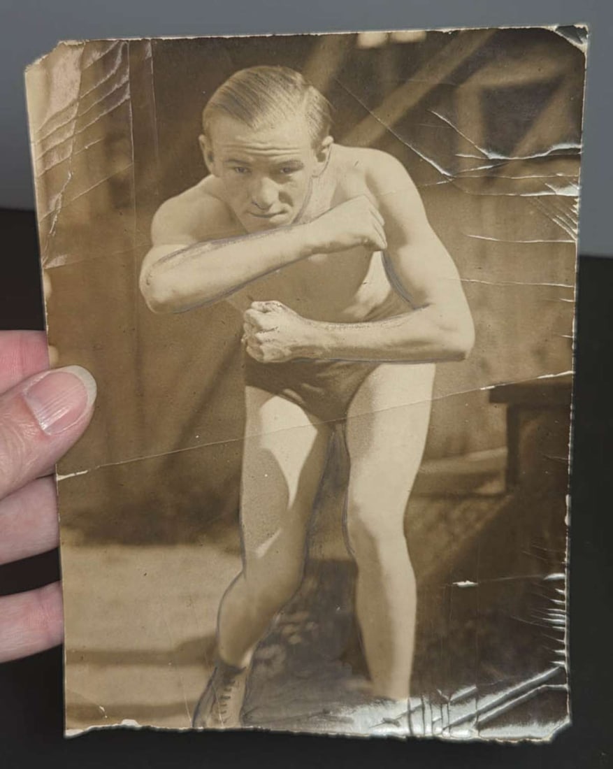 vintage publicity photograph pugilist: original vintage photograph of a boxer, reverse hand written pencil text reads Frankie Burns, please see all photos and judge for yourself about 6 3/8" high by 4 5/8" wide Info f