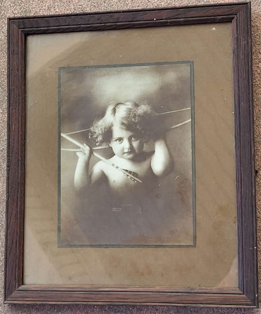 antique framed photograph print of a cherub: M.B. Parkinson 1897 Victorian or Art Nouveau copyrighted print of a young child dressed as a Putto, Cherub or Angel and titled Awake, matted and in wooden frame