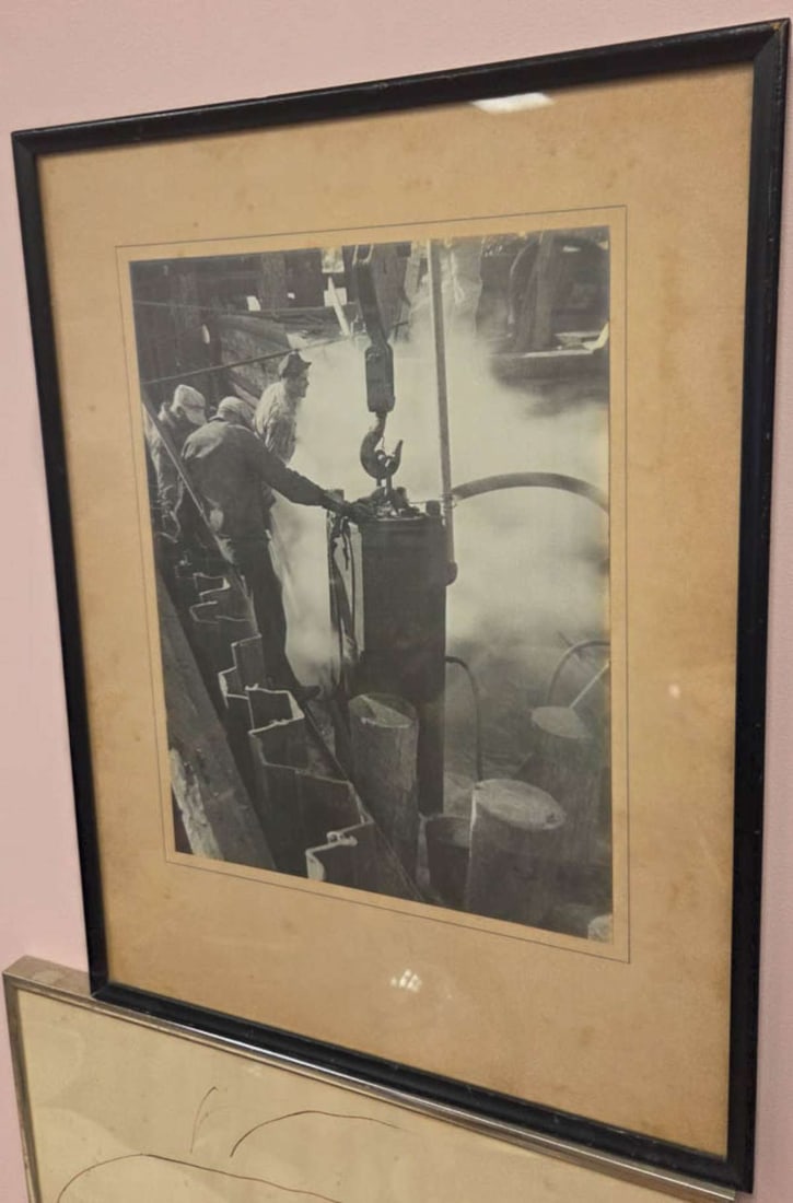 original framed b/w photograph industrial: large framed and matted original vintage (or even antique?) silver gelatin photograph depicting construction workers lowering a ram or pylon from a crane, wish I knew what they were building....