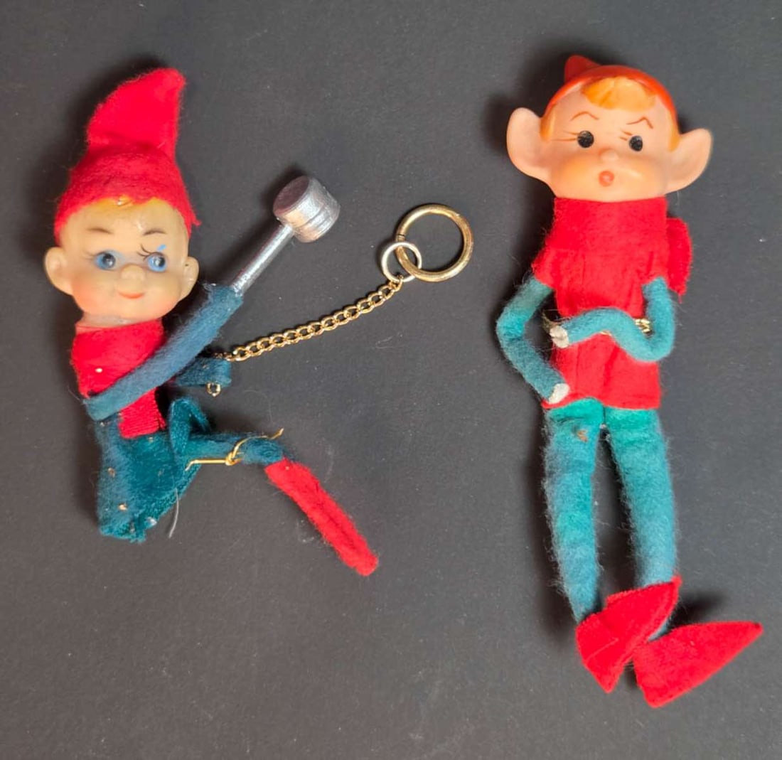 MCM Christmas elf toy dolls: marked All New Material Japan as shown, set or lot of two vintage ca. 1960's Mid Century Modern Christmas tree knee hugger Pixie or elves with bottlebrush limbs and needle felted wool outfi