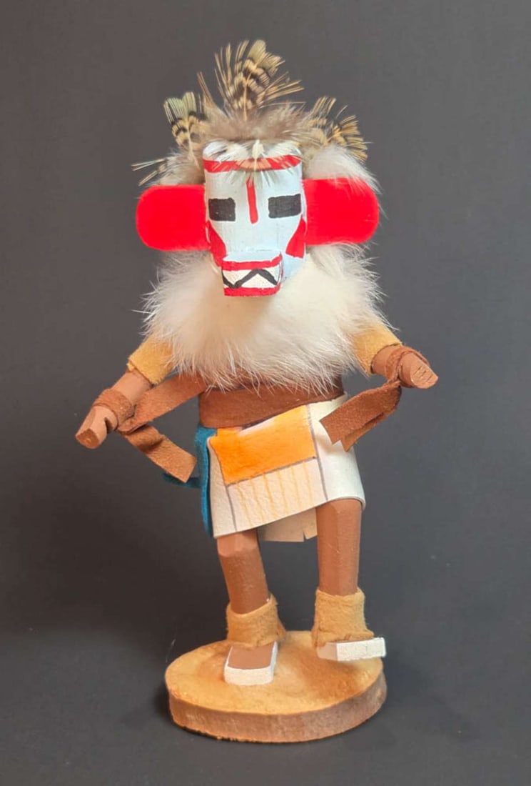 vintage Native American Indian animal represented statue: vintage carved wooden Kachina doll statue, with hand painted accents and feather and fur design, marked Squirrel and signed by FO, FB or FD underneath as shown about 8" tall inc