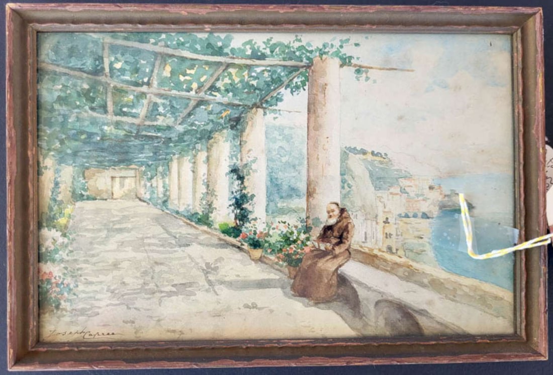 vintage painting of a monk: small wooden framed watercolor painting depicting a man in a brown habit or robe with an Italian seaside village or town in the background, signed by the artist lower left Joseph Caprese as show